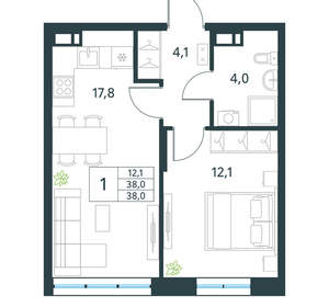 1-к квартира, вторичка, 38м2, 5/18 этаж