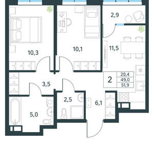 2-к квартира, вторичка, 52м2, 13/18 этаж