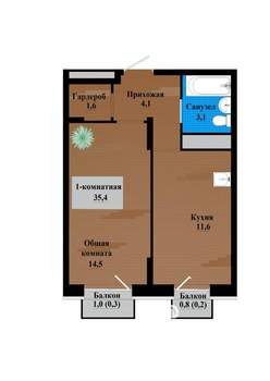 1-к квартира, строящийся дом, 35м2, 2/12 этаж