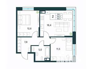 2-к квартира, вторичка, 55м2, 5/18 этаж