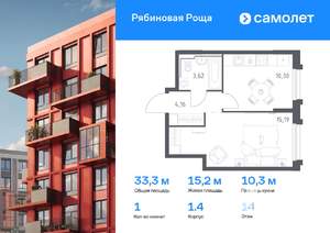 1-к квартира, вторичка, 33м2, 14/17 этаж