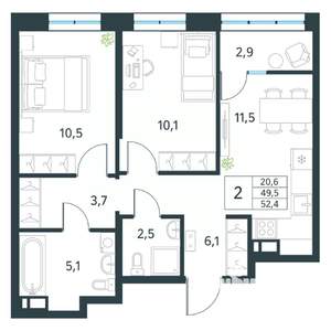 2-к квартира, вторичка, 52м2, 12/18 этаж