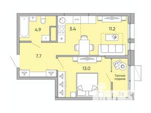 2-к квартира, вторичка, 46м2, 18/18 этаж