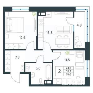 2-к квартира, вторичка, 55м2, 12/18 этаж