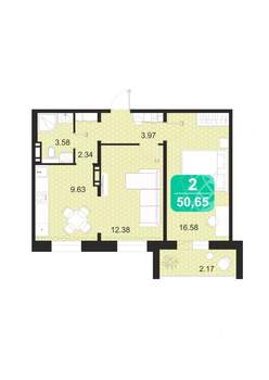 2-к квартира, строящийся дом, 51м2, 2/9 этаж
