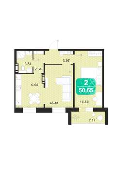 2-к квартира, строящийся дом, 51м2, 9/9 этаж