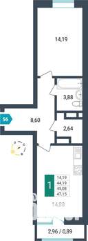 1-к квартира, строящийся дом, 45м2, 6/16 этаж
