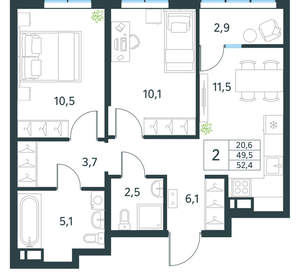 2-к квартира, вторичка, 52м2, 15/18 этаж