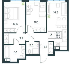 2-к квартира, вторичка, 53м2, 3/18 этаж