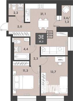 2-к квартира, строящийся дом, 62м2, 13/16 этаж