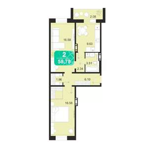 2-к квартира, строящийся дом, 59м2, 7/9 этаж