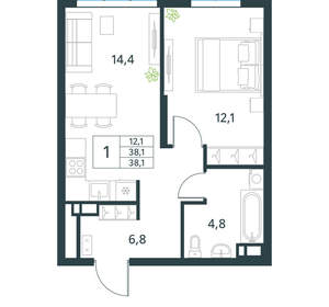 1-к квартира, вторичка, 38м2, 2/18 этаж
