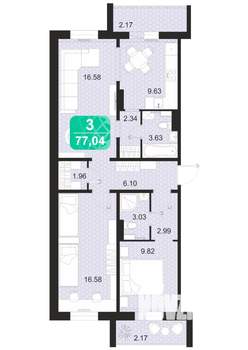 3-к квартира, строящийся дом, 77м2, 1/9 этаж