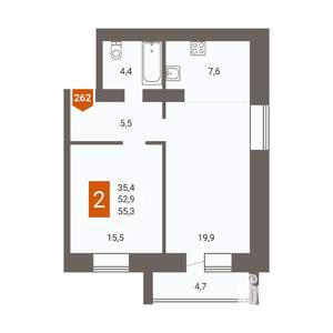 2-к квартира, строящийся дом, 56м2, 15/16 этаж
