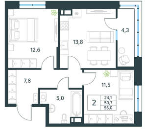 2-к квартира, вторичка, 55м2, 9/18 этаж