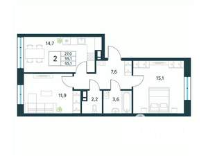 2-к квартира, вторичка, 55м2, 2/18 этаж