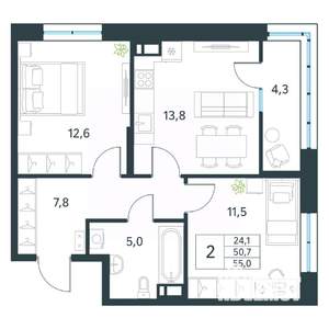 2-к квартира, вторичка, 55м2, 11/18 этаж