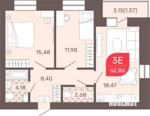 2-к квартира, строящийся дом, 63м2, 3/9 этаж