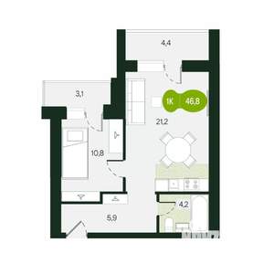 1-к квартира, строящийся дом, 47м2, 7/9 этаж