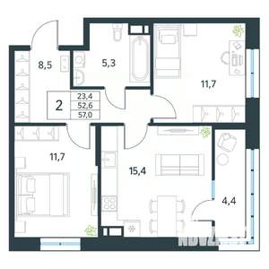 2-к квартира, вторичка, 57м2, 18/18 этаж