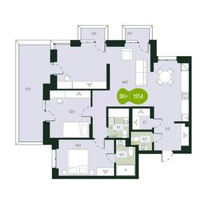 3-к квартира, вторичка, 117м2, 1/18 этаж