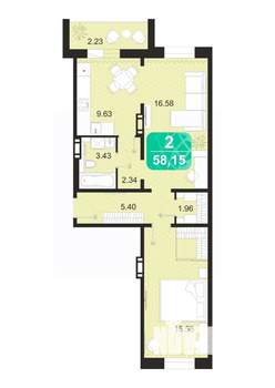 2-к квартира, строящийся дом, 58м2, 6/9 этаж