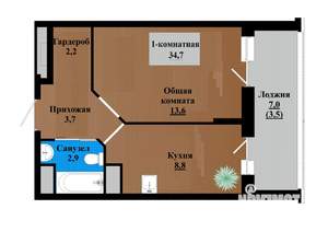1-к квартира, строящийся дом, 35м2, 6/12 этаж