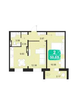 2-к квартира, строящийся дом, 51м2, 5/9 этаж