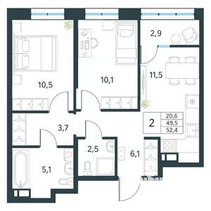 2-к квартира, вторичка, 52м2, 16/18 этаж