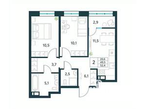 2-к квартира, вторичка, 52м2, 12/18 этаж