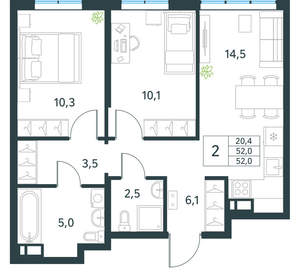 2-к квартира, вторичка, 52м2, 4/18 этаж