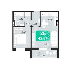 2-к квартира, строящийся дом, 43м2, 9/9 этаж