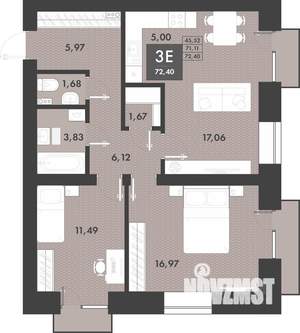 3-к квартира, строящийся дом, 71м2, 8/9 этаж