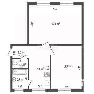 2-к квартира, вторичка, 51м2, 2/2 этаж