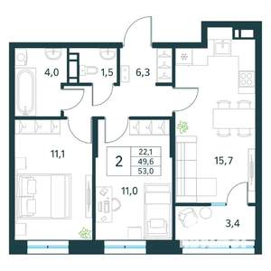 2-к квартира, вторичка, 53м2, 10/18 этаж