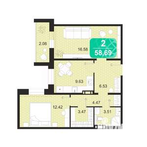 2-к квартира, строящийся дом, 59м2, 2/9 этаж