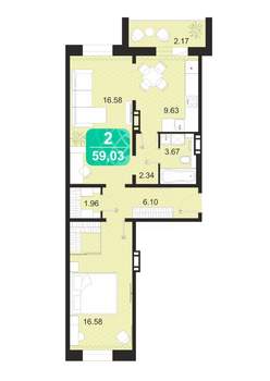 2-к квартира, строящийся дом, 59м2, 4/9 этаж