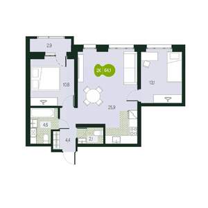 3-к квартира, строящийся дом, 64м2, 7/16 этаж