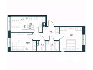 2-к квартира, вторичка, 55м2, 4/18 этаж