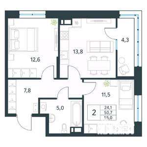 2-к квартира, вторичка, 55м2, 12/18 этаж