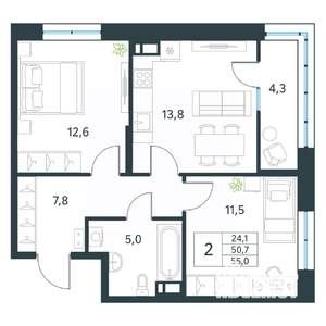 2-к квартира, вторичка, 55м2, 16/18 этаж