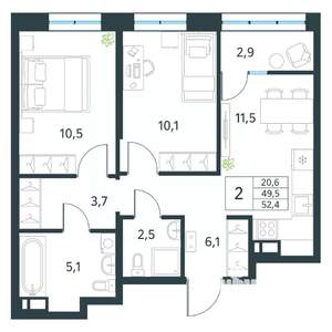 2-к квартира, вторичка, 52м2, 18/18 этаж