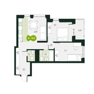 3-к квартира, строящийся дом, 67м2, 11/16 этаж
