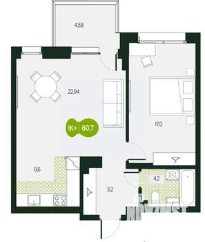 2-к квартира, вторичка, 61м2, 7/18 этаж