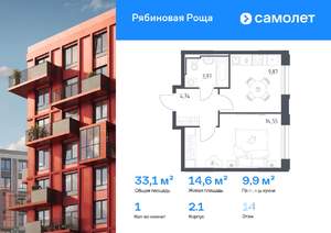 1-к квартира, вторичка, 33м2, 14/17 этаж