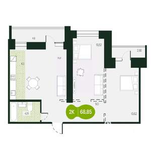 2-к квартира, вторичка, 69м2, 3/16 этаж