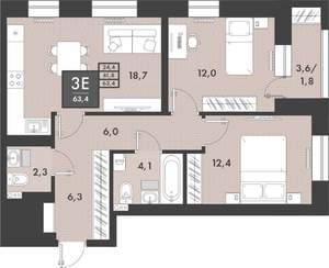 2-к квартира, строящийся дом, 64м2, 15/16 этаж