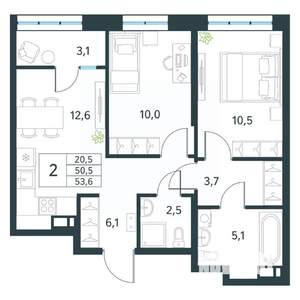 2-к квартира, вторичка, 54м2, 16/18 этаж