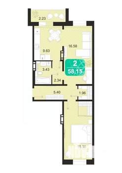 2-к квартира, строящийся дом, 58м2, 9/9 этаж
