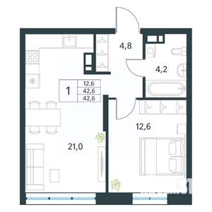 1-к квартира, вторичка, 43м2, 4/18 этаж